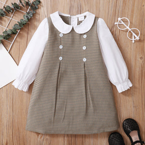 Toddler Girl 100% Cotton Doll Collar Button Design Long sleeve Tweed Dress