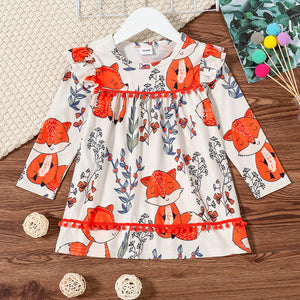 Toddler Girl Ruffled Floral Fox Print Pompom Design Long-sleeve Dress