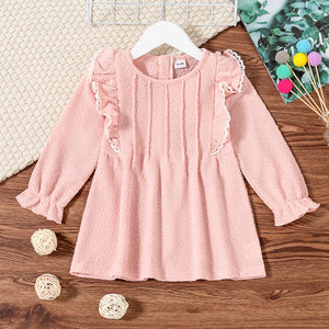 Toddler Girl Ruffled Lace Trim Textured Long-sleeve Pink Dress