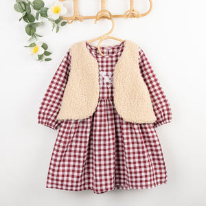 2-piece Toddler Girl 100% Cotton Floral Embroidered Plaid Long-sleeve Dress and Polar fleece Fuzzy Vest Coat Set