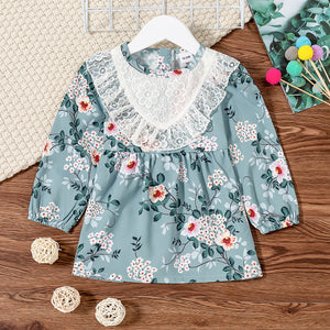 Toddler Girl Floral Print Lace Design Long-sleeve Dress