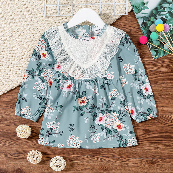 Toddler Girl Floral Print Lace Design Long-sleeve Dress