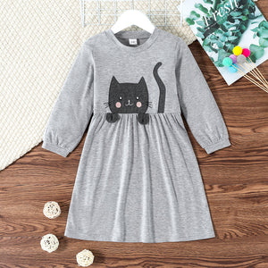 Toddler Girl Cat Print Long-sleeve Grey Dress