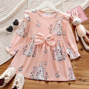 Toddler Girl Bowknot Design Rabbit Bird Floral Print Long sleeve Dress