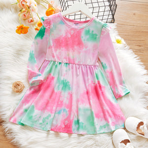 Toddler Girl Tie Dye Round-collar Long-sleeve Dress