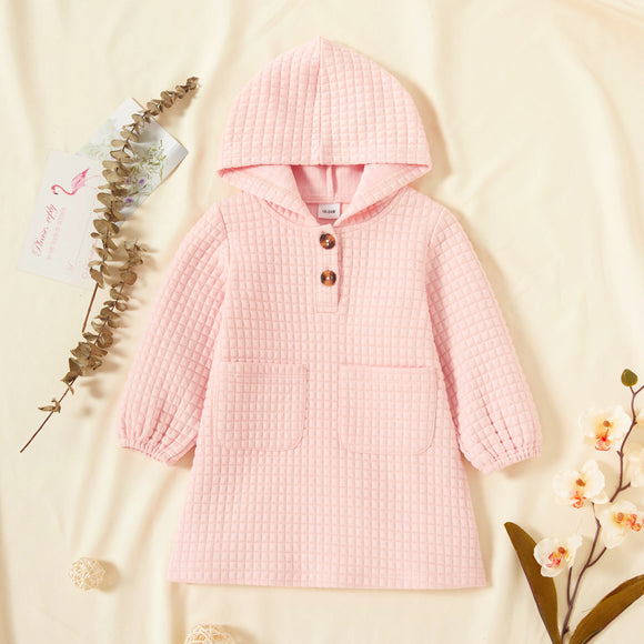 Toddler Girl Textured Button Design Hooded Sweatshirt Dress