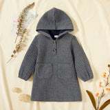 Toddler Girl Textured Button Design Hooded Sweatshirt Dress