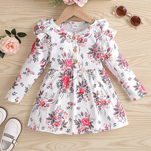 Toddler Girl Ruffled Button Design Floral PrintRibbed Long-sleeve Dress