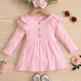 Toddler Girl Ruffled Button Design Floral PrintRibbed Long-sleeve Dress