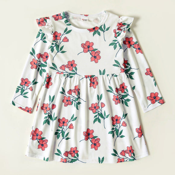 Toddler Girl Floral Print/Solid Flutter Long-sleeve Dress