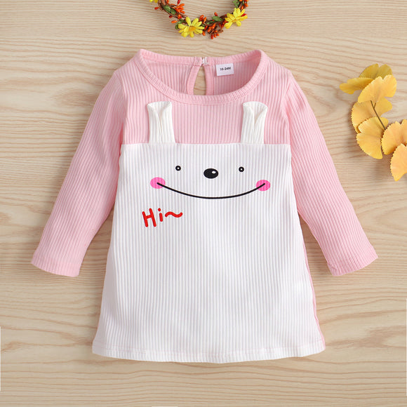 Toddler Girl Cat Pattern Ear Design Colorblock Ribbed Long-sleeve Dress