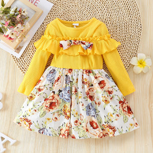 Toddler Girl Ruffled Bowknot Design Floral Print Splice Long-sleeve Dress