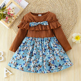 Toddler Girl Ruffled Bowknot Design Floral Print Splice Long-sleeve Dress