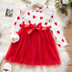 Toddler Girl Ruffled Schiffy Heart Print Bowknot Design Mesh Dress Set