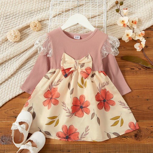 Toddler Girl Lace Bowknot Design Floral Print Splice Dress