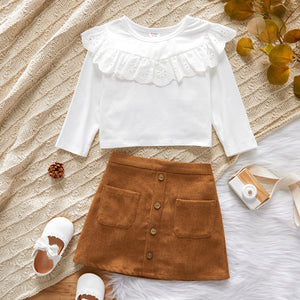 2 piece Toddler Girl Schiffy Design Long sleeve White Top and Button Design Brown Skirt Set