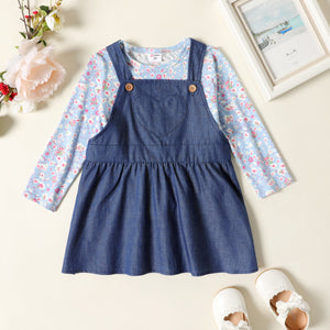 2-piece Toddler Girl Floral Print Long-sleeve Tee and 100% Cotton Denim Overall Dress Set