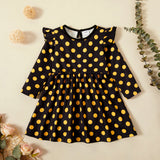 Toddler Girl Ruffled Bee Floral Print/Polka Dots Waffle Long-sleeve Dress