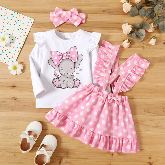 2-piece Toddler Girl Ruffled Elephant Print Long-sleeve Top and Polka dots Ruffle Hem Suspender Skirt and Headband Set