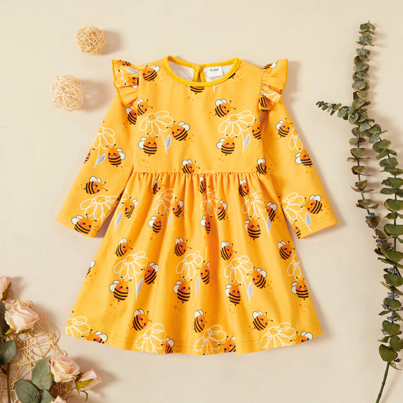 Toddler Girl Ruffled Bee Floral Print/Polka Dots Waffle Long-sleeve Dress