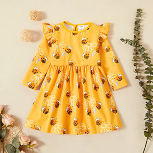 Toddler Girl Ruffled Bee Floral Print/Polka Dots Waffle Long-sleeve Dress