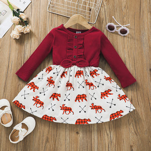 Toddler Girl Ruffled Bowknot Button Design Animal Print Splice Dress