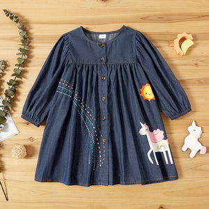 Toddler Girl Unicorn Sun Print Button Design Long-sleeve Denim Dress