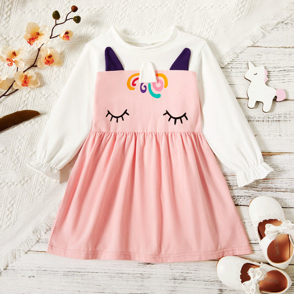 Toddler Girl Unicorn Print Long-sleeve Pink Dress