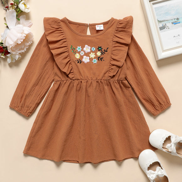 Toddler Girl 100% Cotton Floral Embroidered Ruffled Long-sleeve Dress