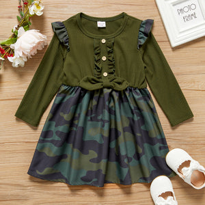 Toddler Girl Bowknot Design Ruffled Button Design Camouflage Print Splice Dress