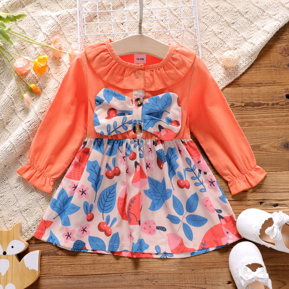 Toddler Girl Flounce Bowknot Design Floral Print Long-sleeve Dress