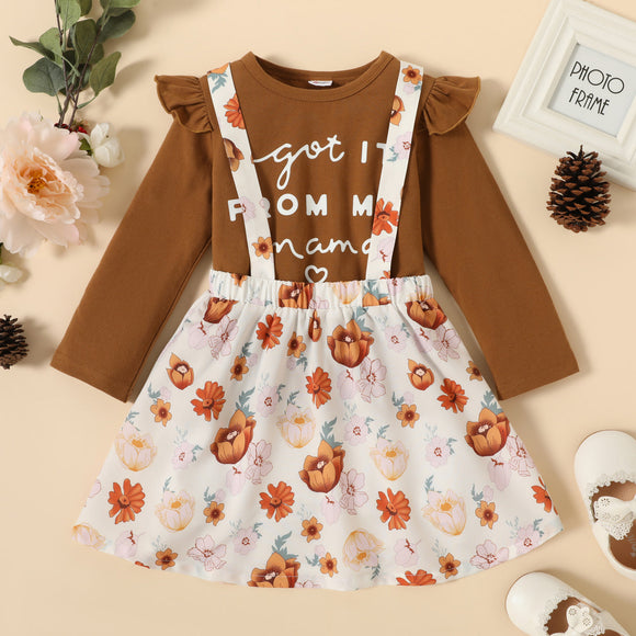 2-piece Toddler Girl Letter Print Ruffled Long-sleeve Top and Floral Print Suspender Skirt Set