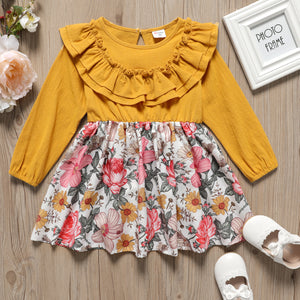 Toddler Girl Flounce Floral Print Splice Long sleeve Dress