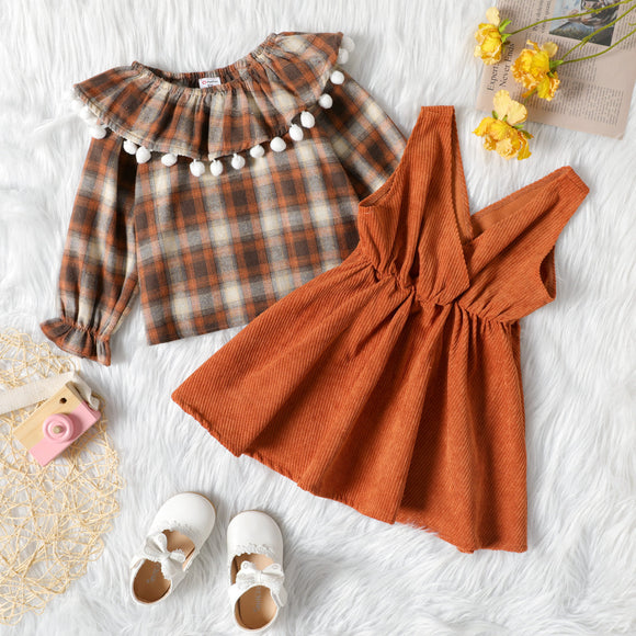 2-piece Toddler Girl Plaid Flounce Pompom Design Long-sleeve Top and Overall Dress Set