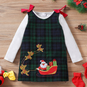 2 piece Toddler Girl Christmas Long sleeve White Tee and Santa Deer Embroidered Bowknot Design Plaid Overall Dress Set