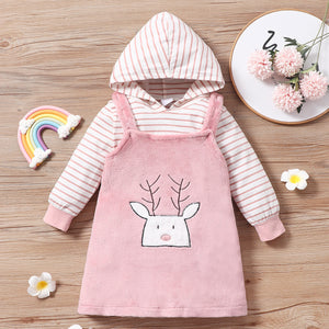 2 piece Toddler Girl Stripe Hoodie Sweatshirt and Animal Embroidered Pink Fuzzy Overall Dress Set