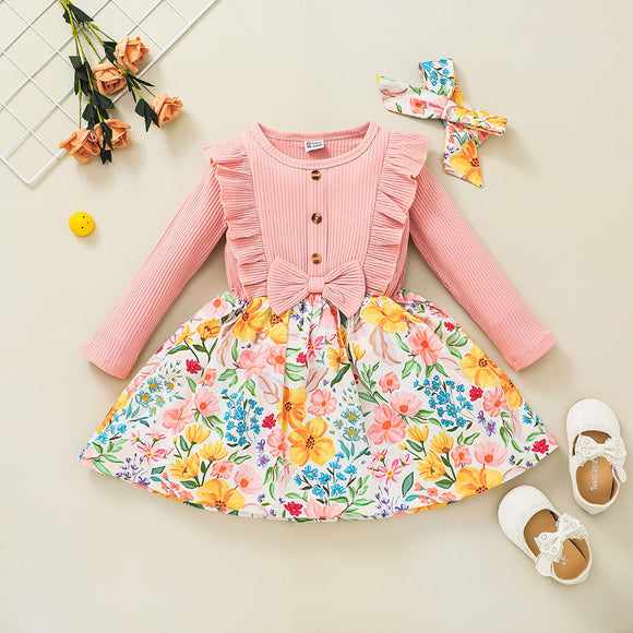 2-piece Toddler Girl Ruffled Ribbed Floral Print Splice Long-sleeve Dress and Headband Set