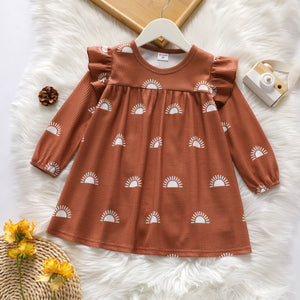 Toddler Girl Ruffled Sun Print Long sleeve Dress