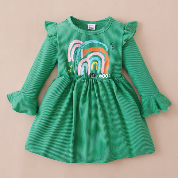 Toddler Girl DinosaurRainbow Letter Print Ruffled Bell sleeves Dress