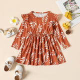 Toddler Girl Leaf Print Ruffled Long-sleeve Dress