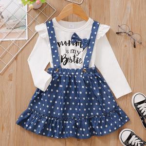 2-piece Toddler Girl Bowknot Design Letter Print Long-sleeve Top and Polka dots Ruffle Hem Denim Suspender Skirt Set