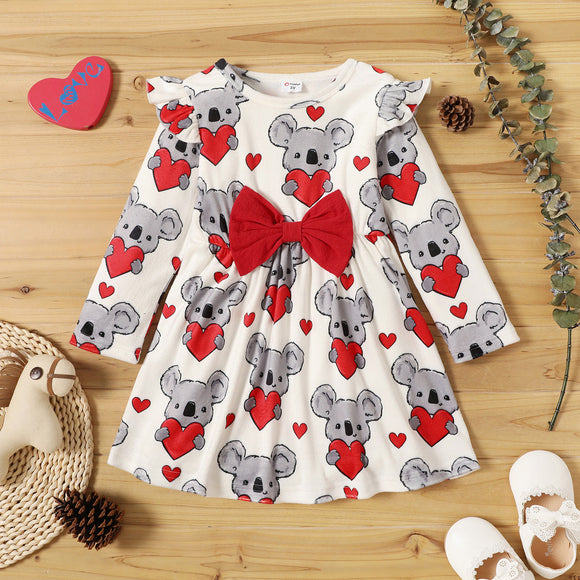 Toddler Girl Koala Heart Print Ruffled Bowknot Design Long-sleeve Dress