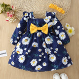 2-piece Toddler Girl Bowknot Design Square Neck Floral Print Long-sleeve Dress and Headband Set