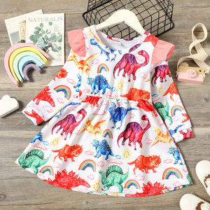 Toddler Girl Ruffled Dinosaur Print Long sleeve Dress