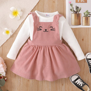 2 piece Toddler Girl Waffle White Top and Cat Embroidered Pink Overall Dress Set