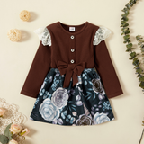 Toddler Girl Lace Bowknot Design Floral Print Corduroy Splice Long sleeve Dress