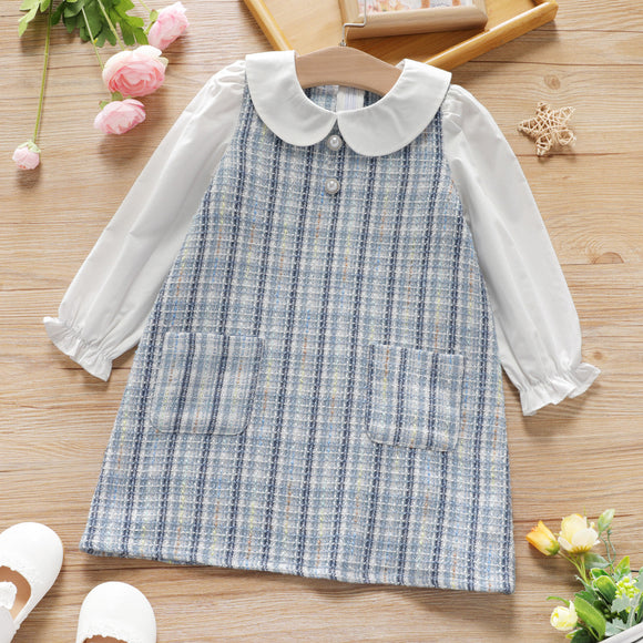 Toddler Girl Doll Collar Pearl Design Long sleeve Plaid Tweed Dress