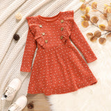 Toddler Girl Polka dots Button Design Ruffled Long-sleeve Dress