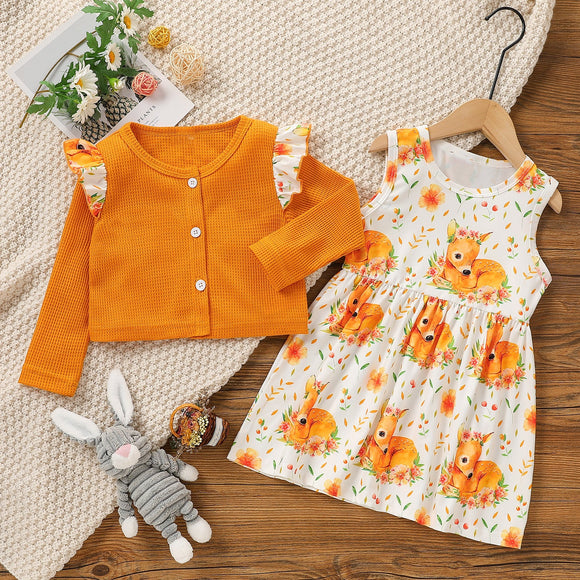 2-piece Toddler Girl Ruffled Button Design Waffle Jacket and Deer Floral Print Sleeveless Dress Set