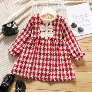 Toddler Girl Frill Collar Bowknot Design Long-sleeve Plaid Tweed Dress